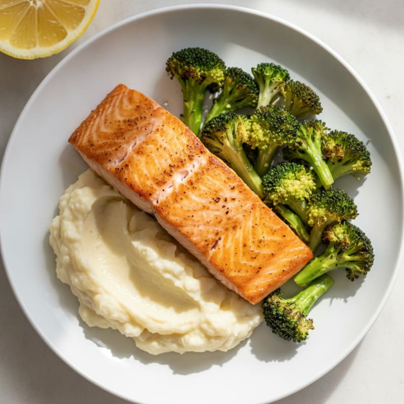 Seared Salmon with Roasted Broccoli and Garlic Mashed Cauliflower