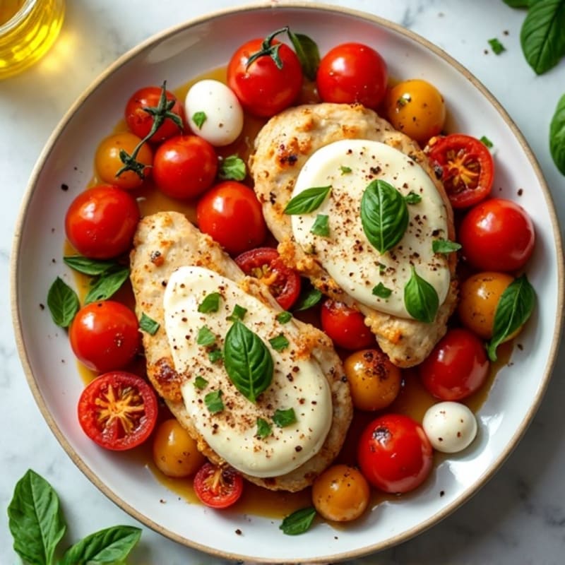 Sheet Pan Chicken with Roasted Tomatoes, Fresh Mozzarella, and Basil