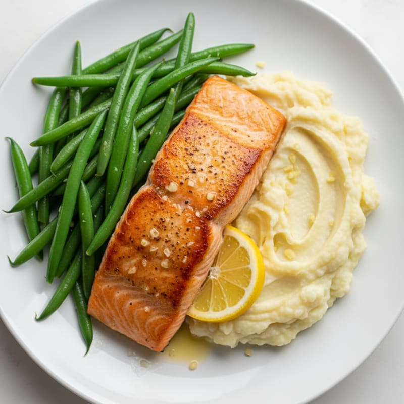 Seared Salmon with Steamed Green Beans and Garlic Mashed Cauliflower