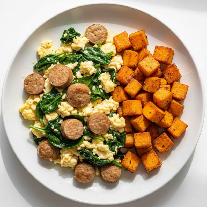 Egg White and Turkey Sausage Scramble with Spinach and Roasted Sweet Potato