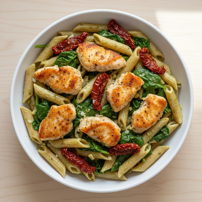 Creamy Pesto Chicken Pasta with Sun-Dried Tomatoes