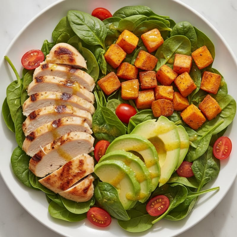 Grilled Chicken Spinach Salad with Avocado and Roasted Sweet Potato
