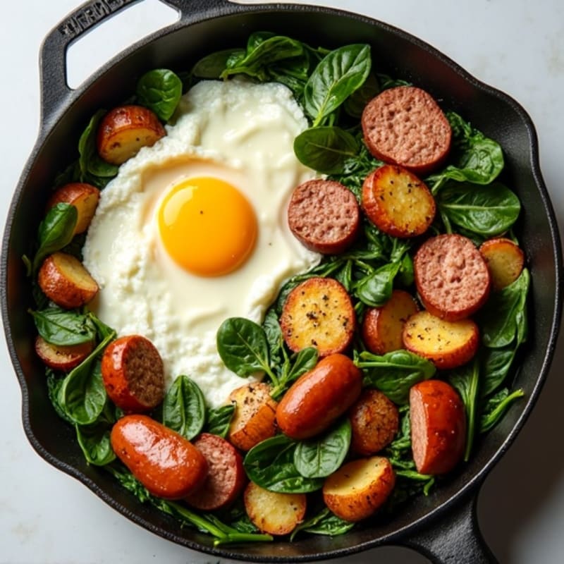 Lean Sausage and Egg Breakfast Skillet with Crispy Potatoes and Fresh Spinach