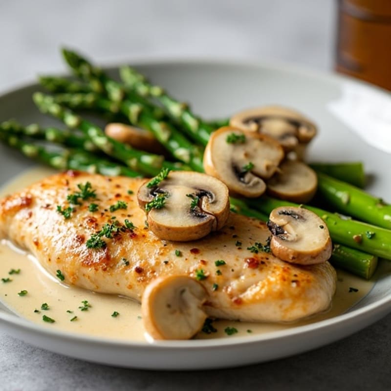 Chicken with Creamy Garlic Butter Mushrooms and Roasted Asparagus