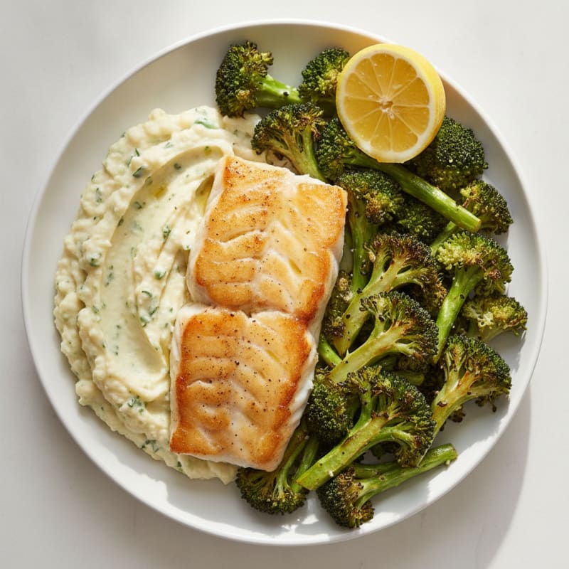 Pan-Seared Cod with Roasted Broccoli and Garlic Mashed Cauliflower