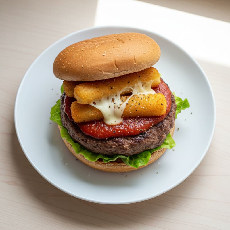 Mozzarella Stick Beef Burger with Marinara