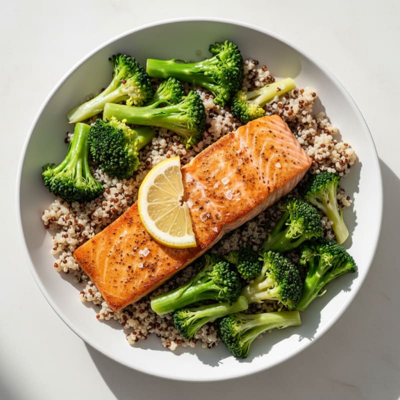 Seared Salmon with Steamed Broccoli and Quinoa