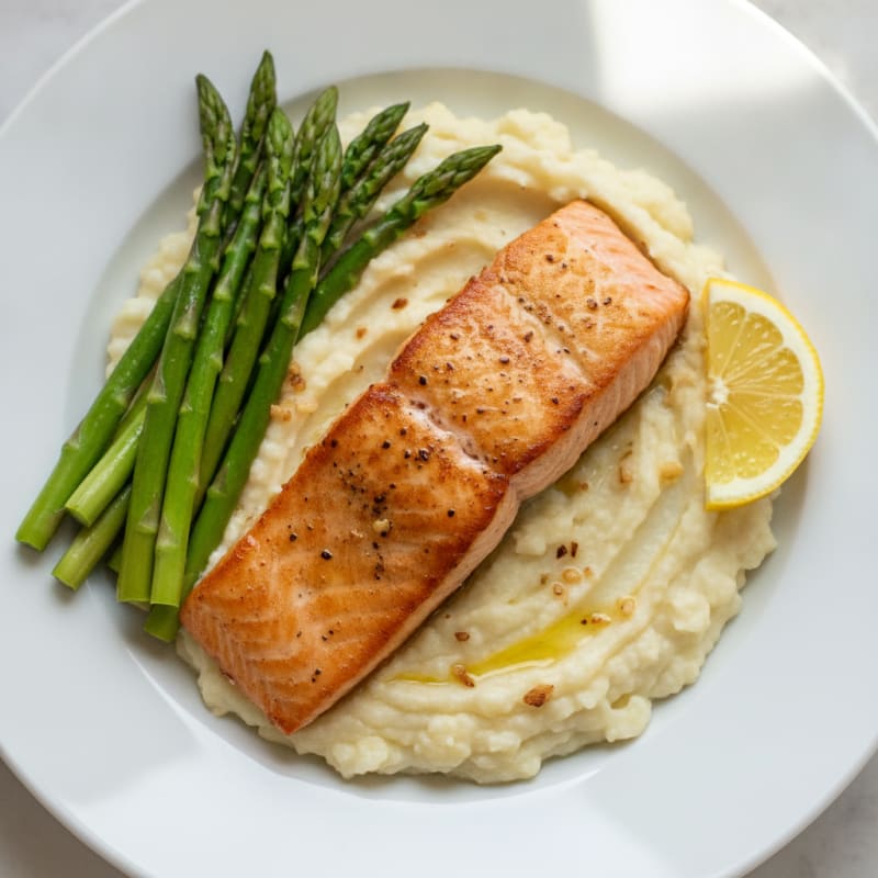 Seared Salmon with Steamed Asparagus and Garlic Mashed Cauliflower
