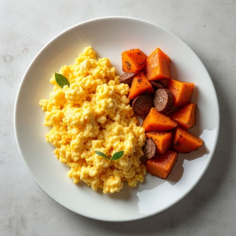 Creamy Scrambled Eggs with Chicken Sausage and Roasted Sweet Potato