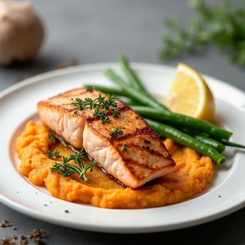 Seared Salmon with Garlic Green Beans and Sweet Potato Mash