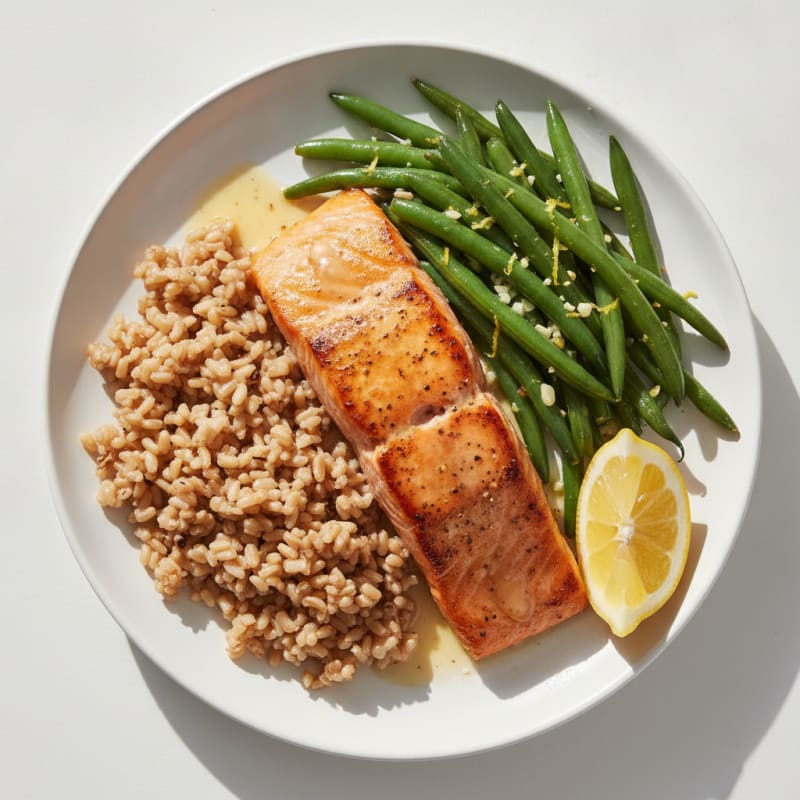 Seared Salmon Fillet with Garlic Green Beans and Brown Rice
