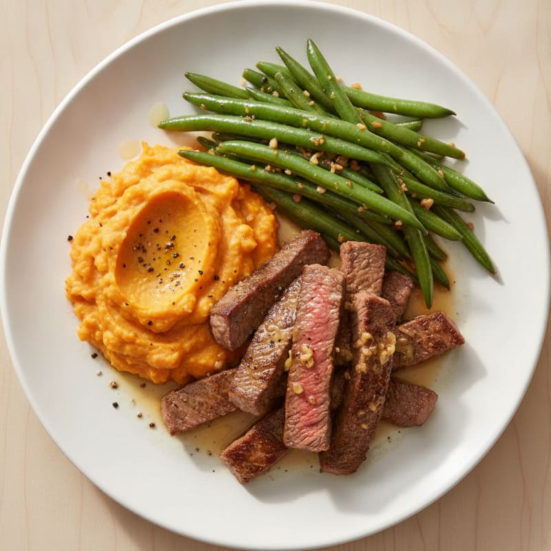 Seared Lean Beef Strips with Garlic Green Beans and Sweet Potato Mash