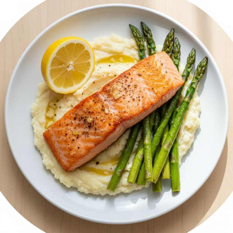 Seared Salmon Fillet with Roasted Asparagus and Cauliflower Mash