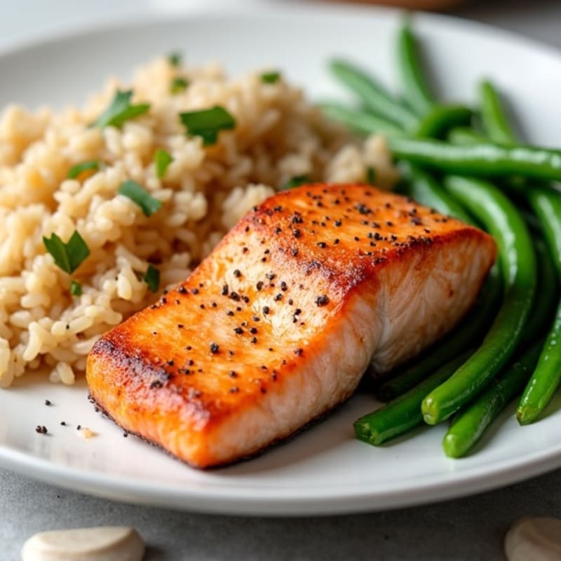 Seared Salmon with Garlic Green Beans and Brown Rice
