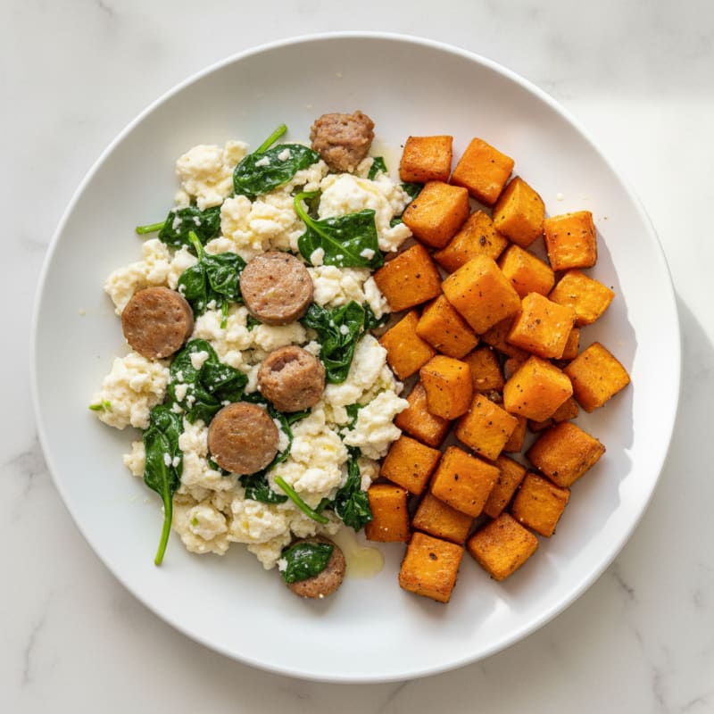 Egg White and Turkey Sausage Scramble with Spinach and Roasted Sweet Potatoes