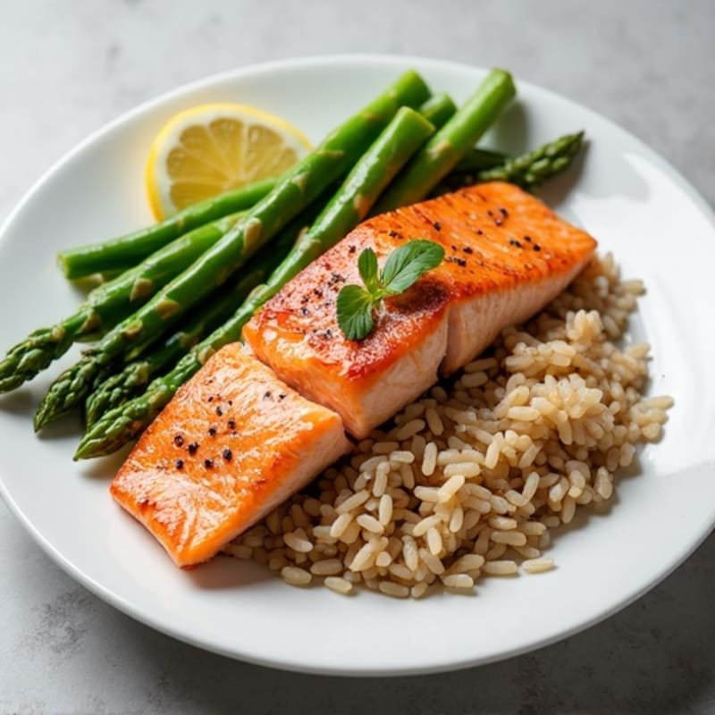 Seared Salmon Fillet with Steamed Asparagus and Brown Rice
