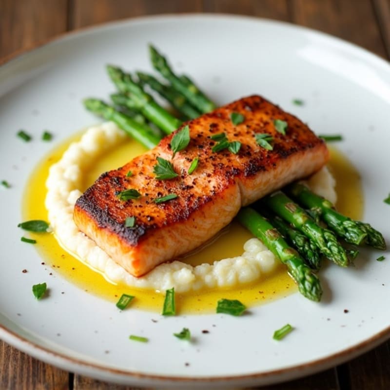 Seared Salmon with Steamed Asparagus and Cauliflower Mash