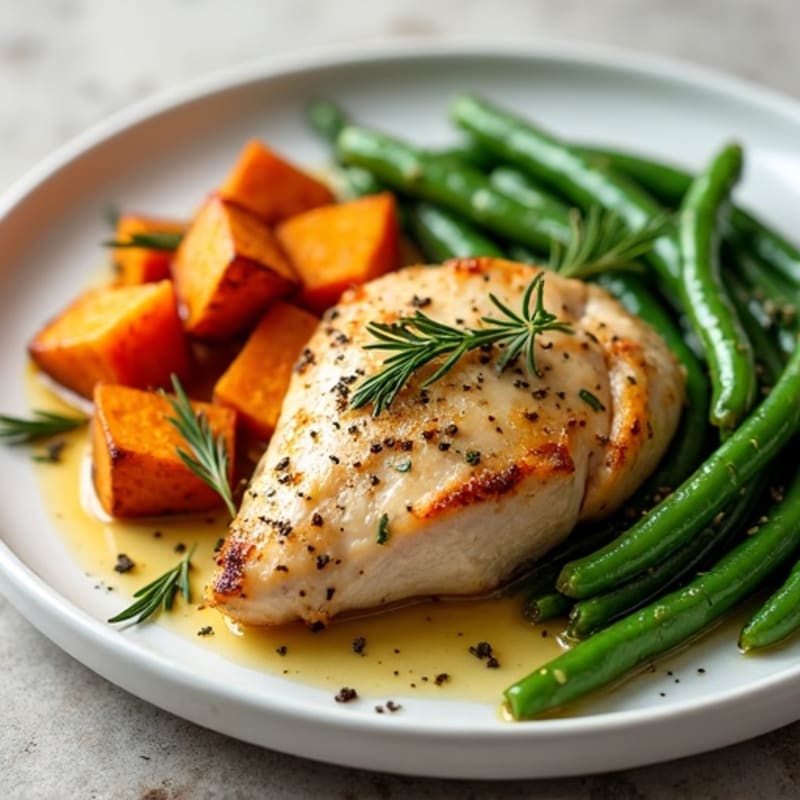 Herb-Roasted Chicken with Crispy Sweet Potatoes and Tender Green Beans