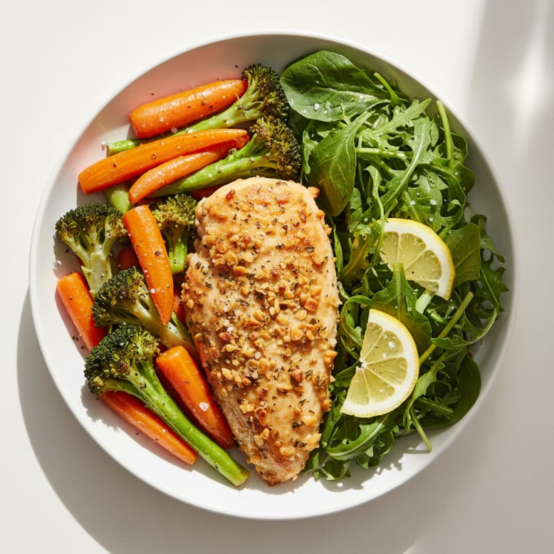 Herb-Crusted Chicken with Roasted Vegetables and Fresh Salad