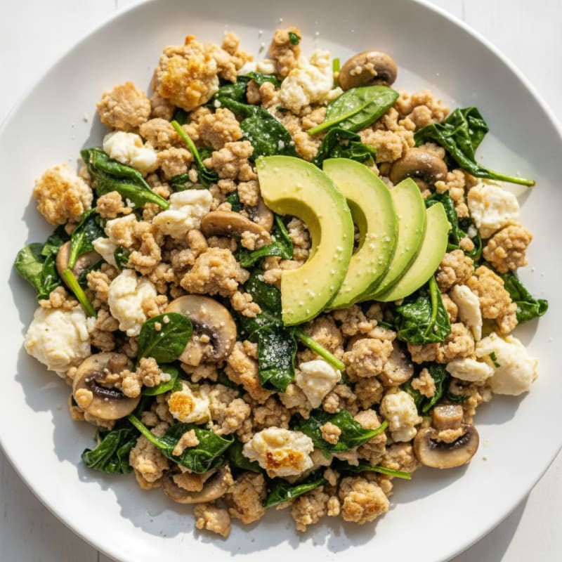 Egg White and Turkey Spinach Scramble with Sautéed Mushrooms