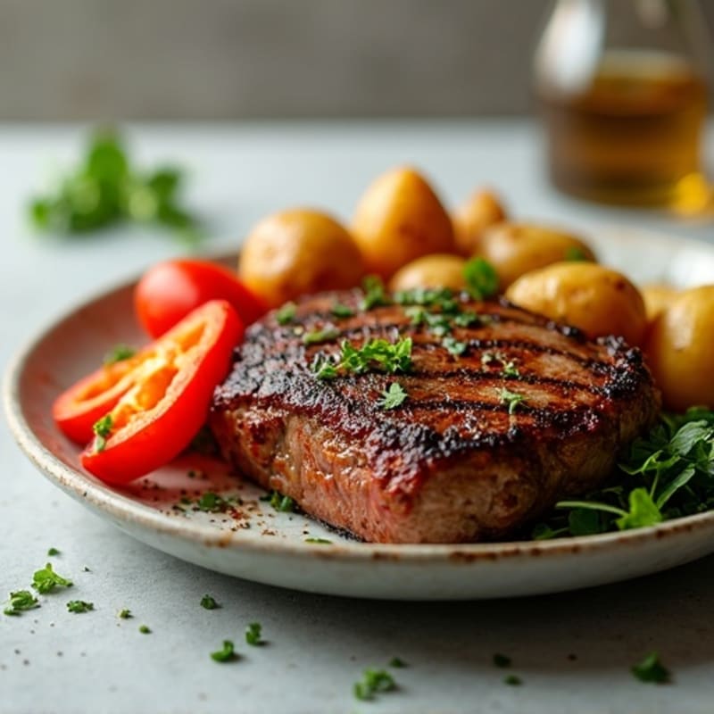 Seared Steak with Crispy Potatoes and Sautéed Peppers