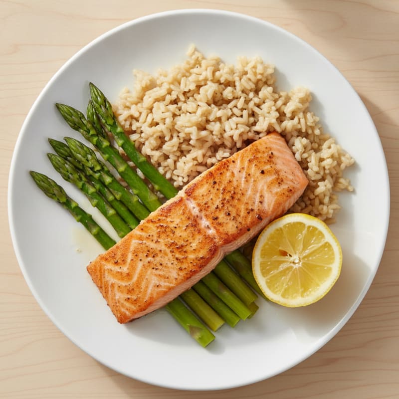 Seared Salmon with Steamed Asparagus and Brown Rice