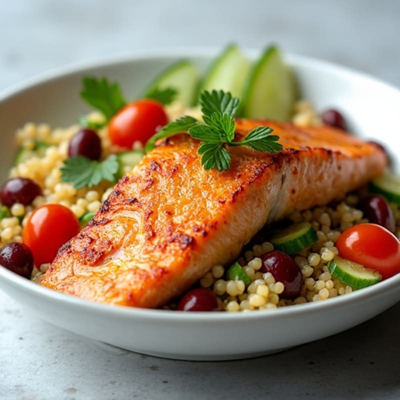 Crispy Pan-Seared Salmon with Mediterranean Quinoa Bowl