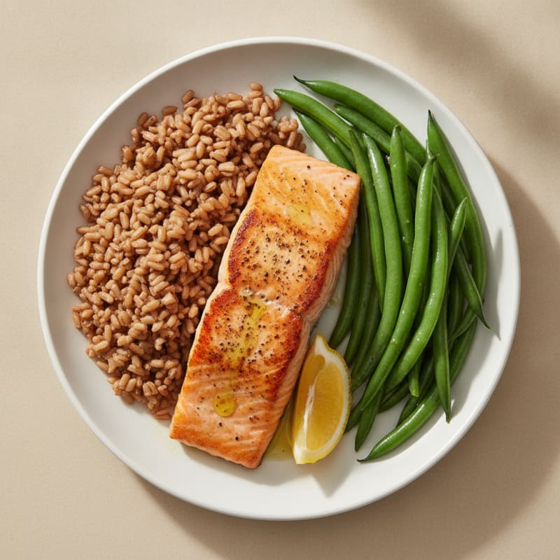 Seared Salmon with Steamed Green Beans and Brown Rice