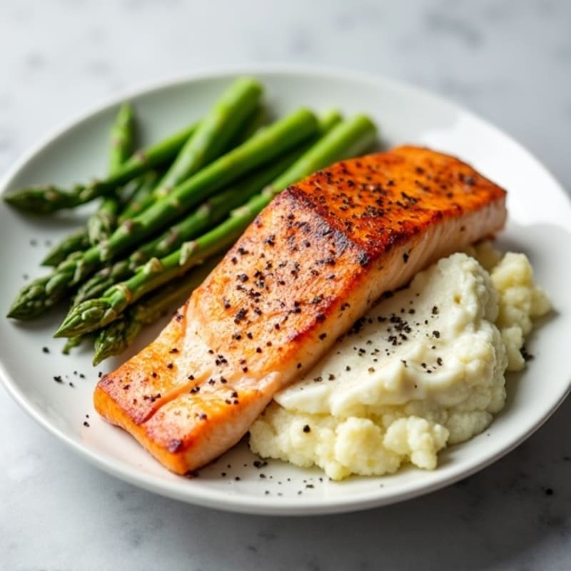 Seared Salmon with Steamed Asparagus and Mashed Cauliflower