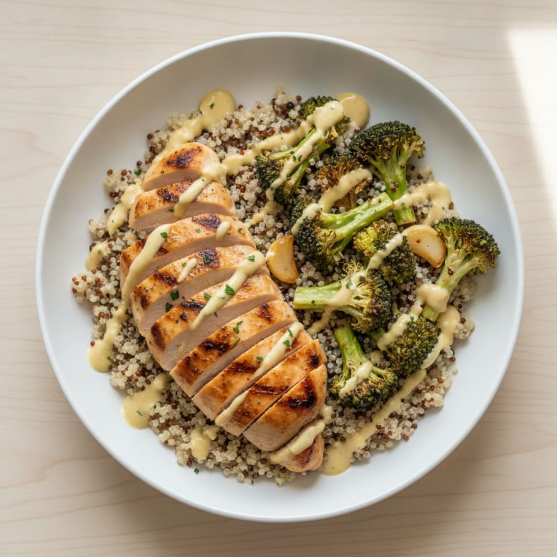 Grilled Chicken and Quinoa Bowl with Crunchy Broccoli and Lemon-Tahini Drizzle