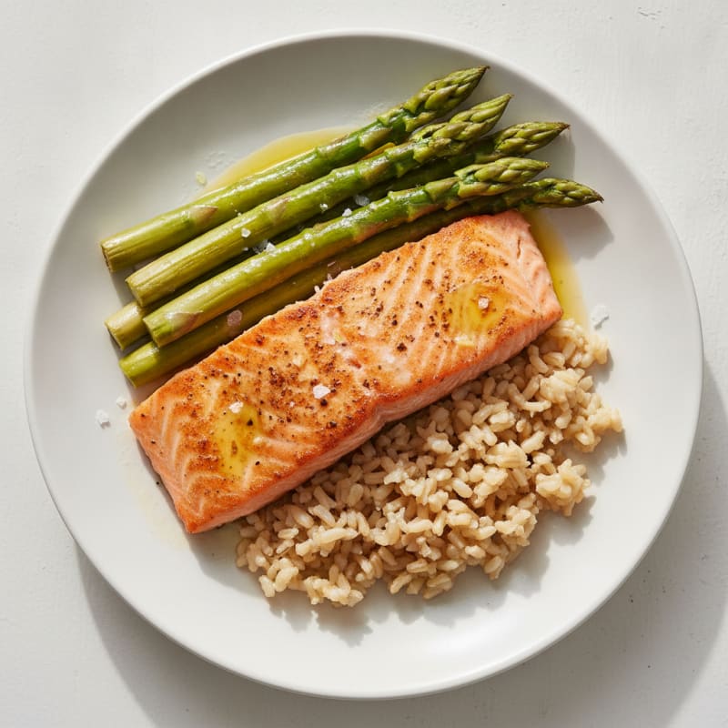 Seared Salmon with Steamed Asparagus and Brown Rice