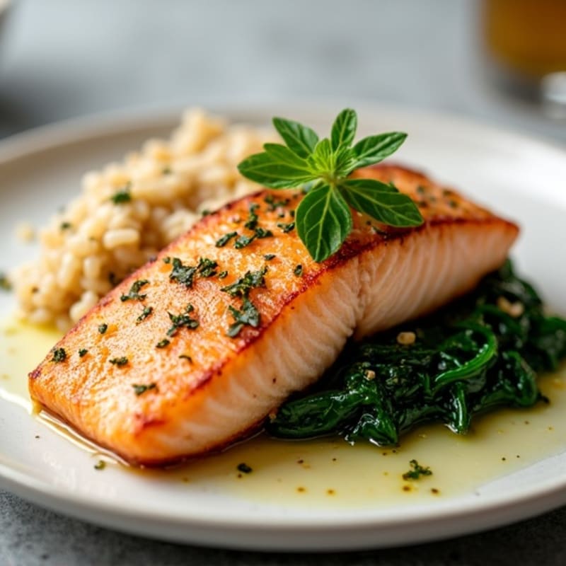 Seared Salmon with Garlic Spinach and Brown Rice