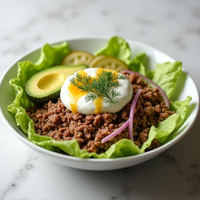 Lean Ground Beef Bowl with Crispy Lettuce and Creamy Dill Pickle Dressing