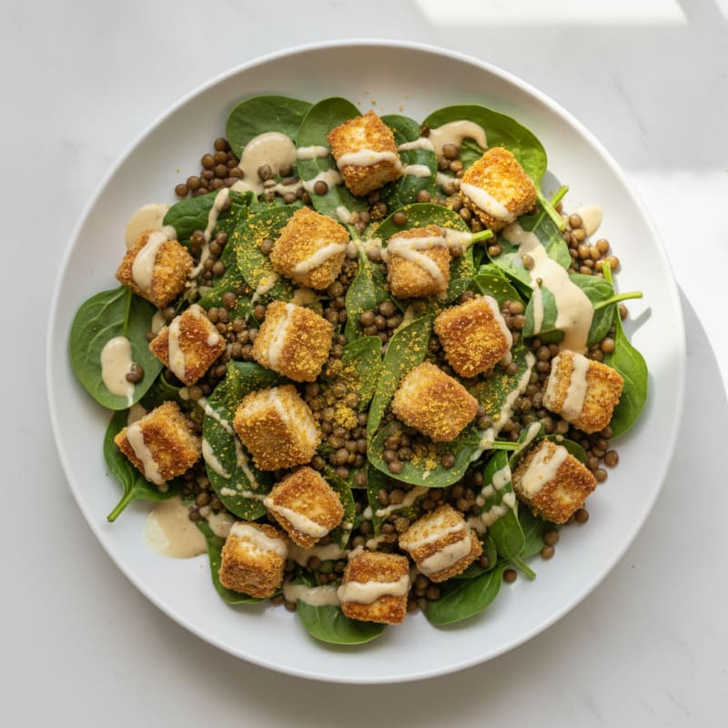 Crispy Tofu and Lentil Power Salad with Tahini Dressing