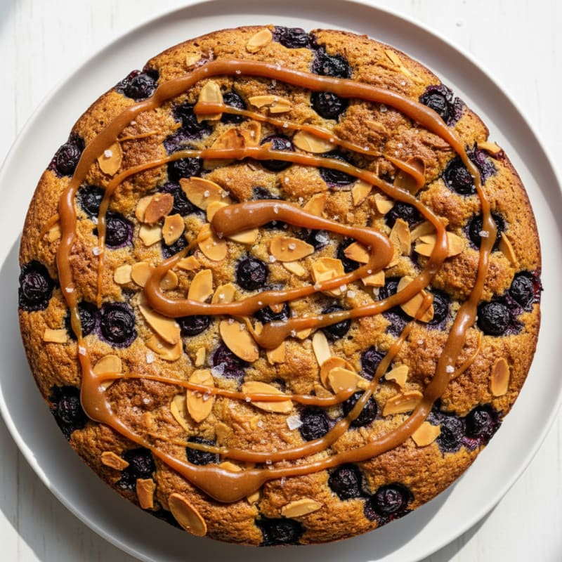 Baked Salted Caramel Blueberry Almond Cake