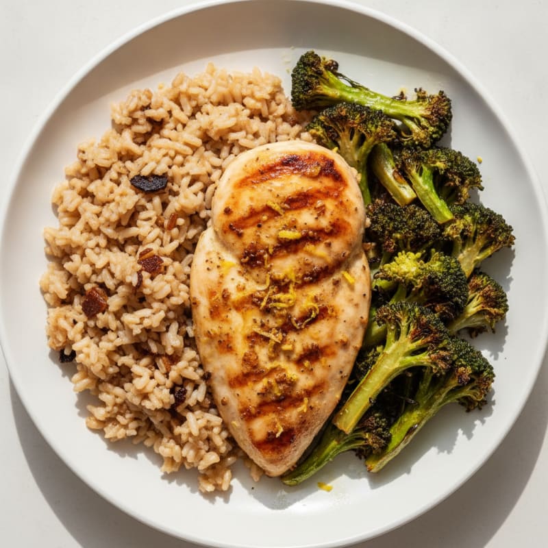 Grilled Chicken Breast with Roasted Broccoli and Brown Rice