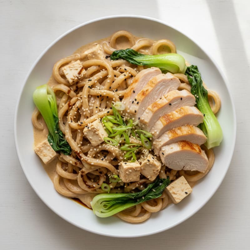 Creamy Tofu-Miso Udon with Poached Chicken