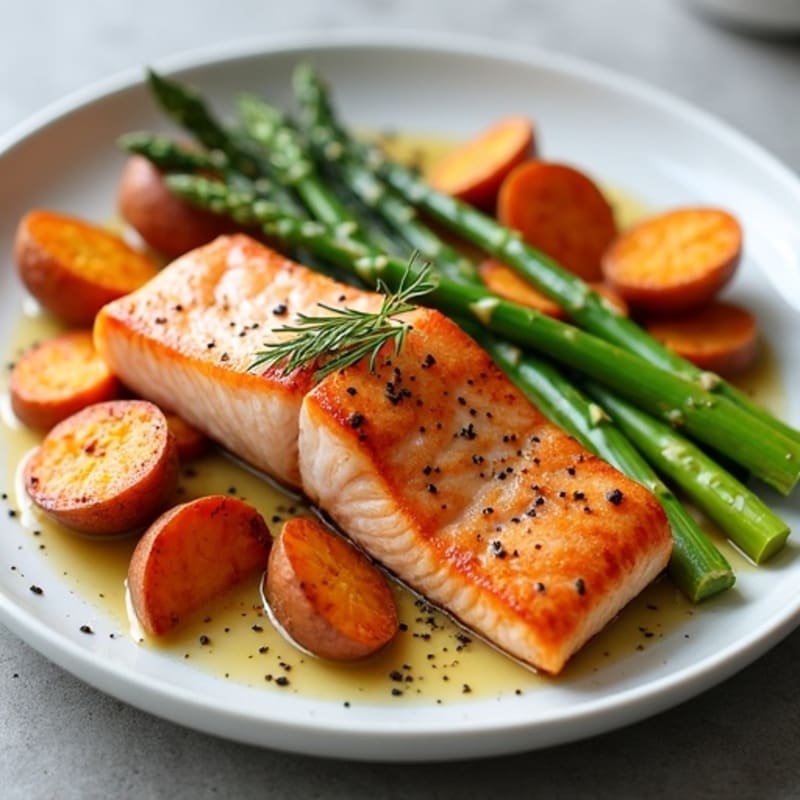 Seared Salmon Fillet with Roasted Sweet Potatoes and Asparagus