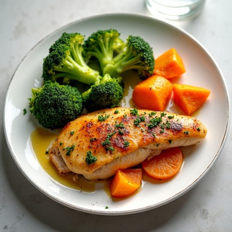 Lemon Herb Roasted Chicken with Crispy Broccoli and Sweet Potatoes