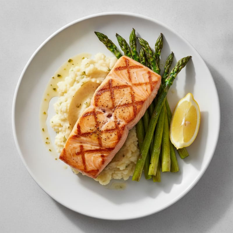 Seared Salmon Fillet with Roasted Asparagus and Cauliflower Mash