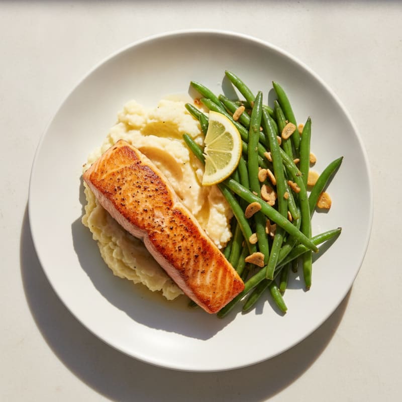 Seared Salmon with Garlic Green Beans and Cauliflower Mash