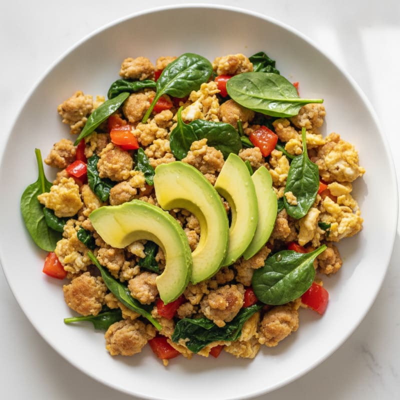 Egg White and Turkey Sausage Scramble with Spinach and Bell Peppers