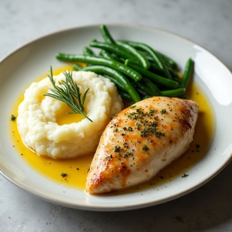 Garlic Herb Roasted Chicken with Creamy Mashed Potatoes and Roasted Green Beans