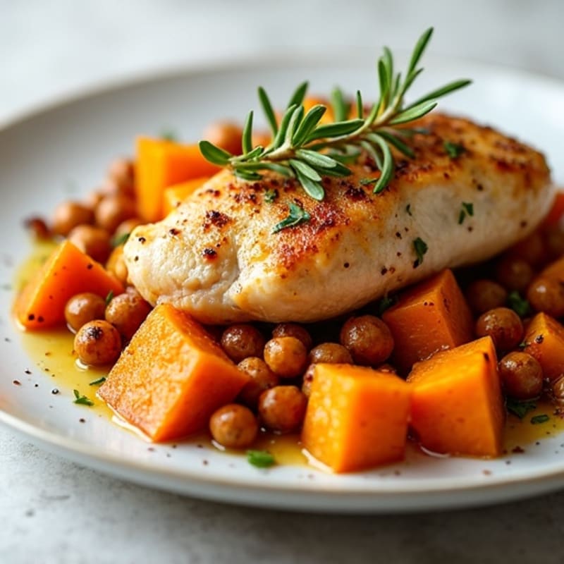 Herb-Roasted Sweet Potatoes and Butternut Squash with Chicken and Chickpeas