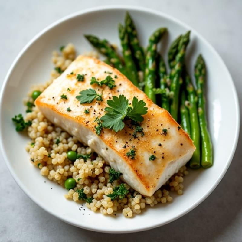 Seared Cod with Roasted Asparagus and Herb Quinoa