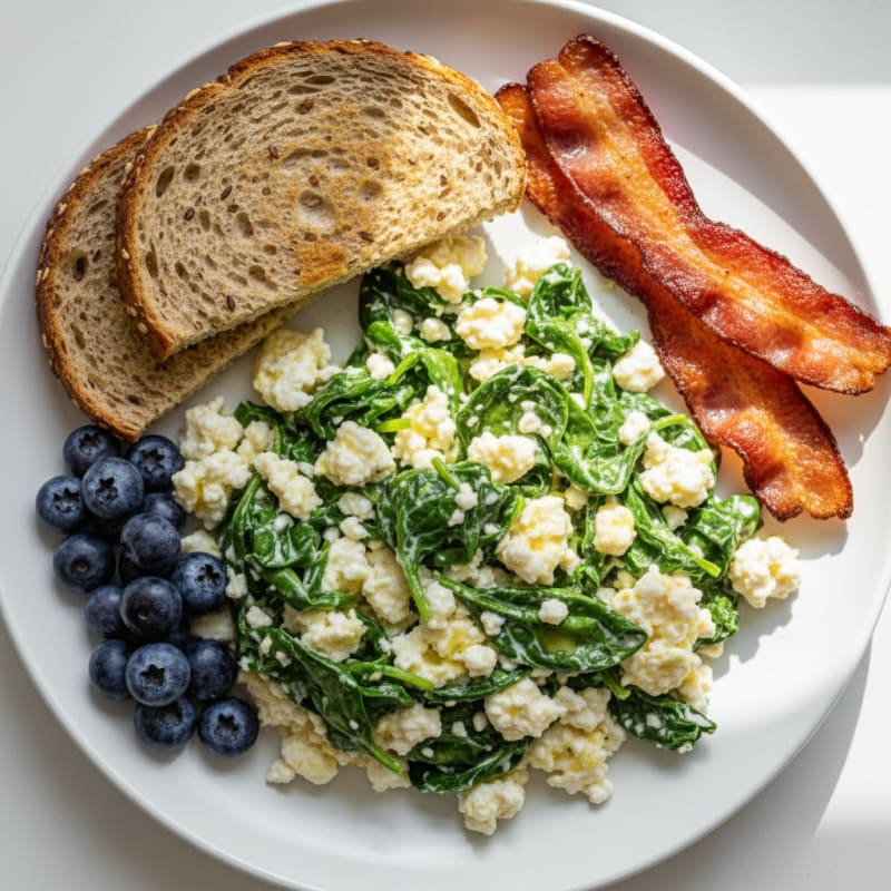Cottage Cheese Egg White Scramble with Spinach and Turkey Bacon