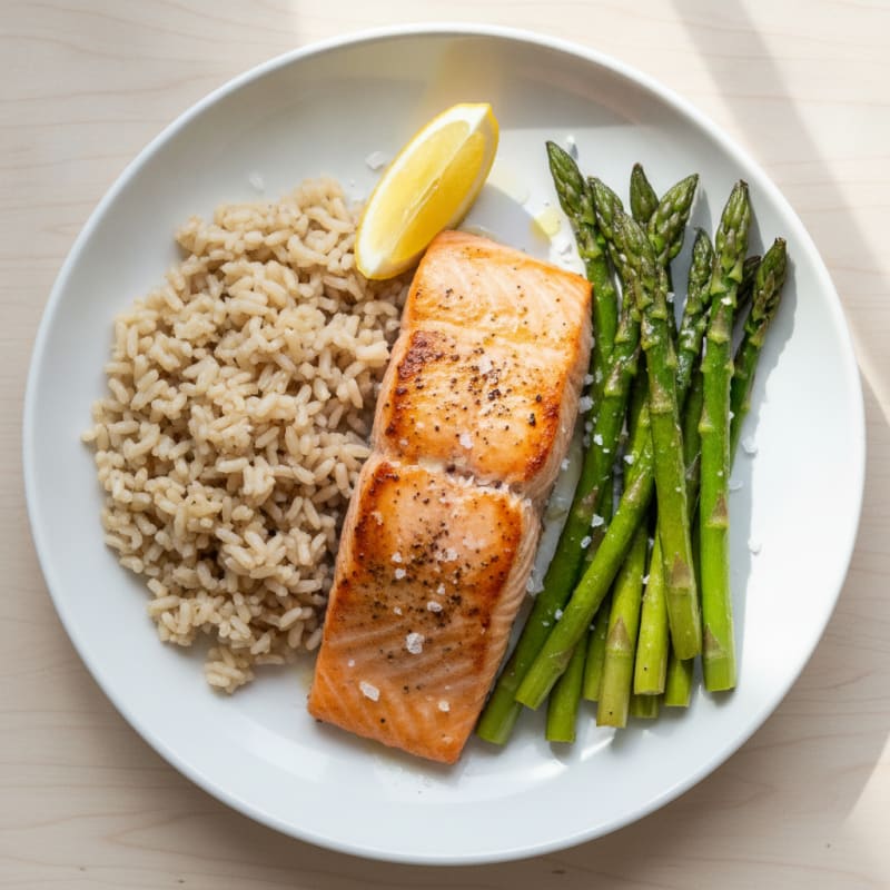 Seared Salmon with Roasted Asparagus and Brown Rice