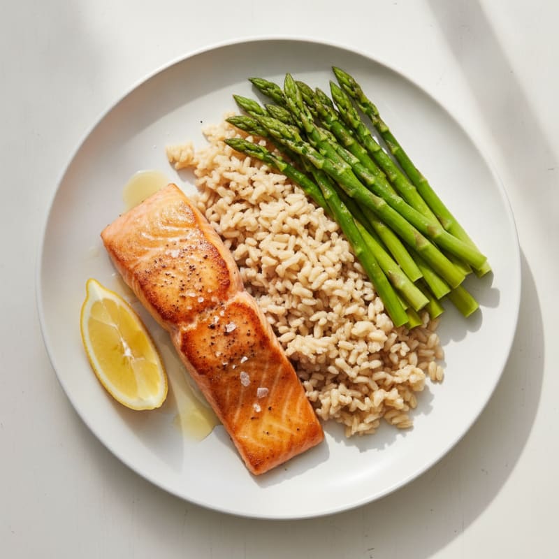 Seared Salmon with Steamed Asparagus and Brown Rice