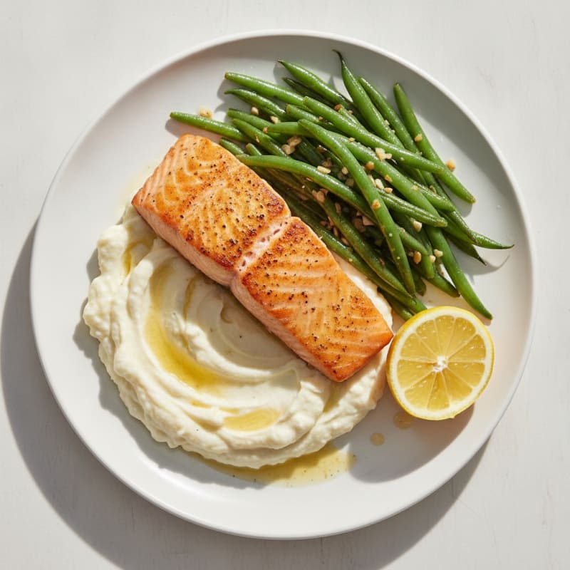 Seared Salmon Fillet with Garlic Green Beans and Mashed Cauliflower