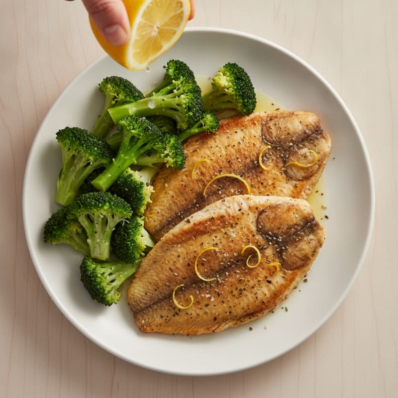 Seared Tilapia with Steamed Broccoli and Lemon